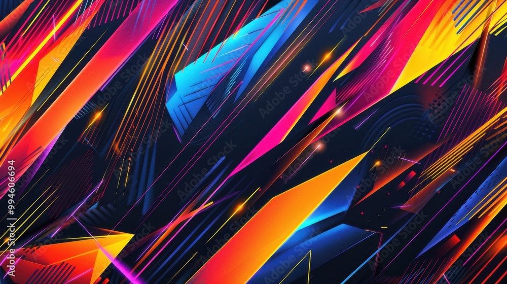 Poster bold geometric lines in vibrant colors, forming dynamic patterns with sharp angles on a dark backgro