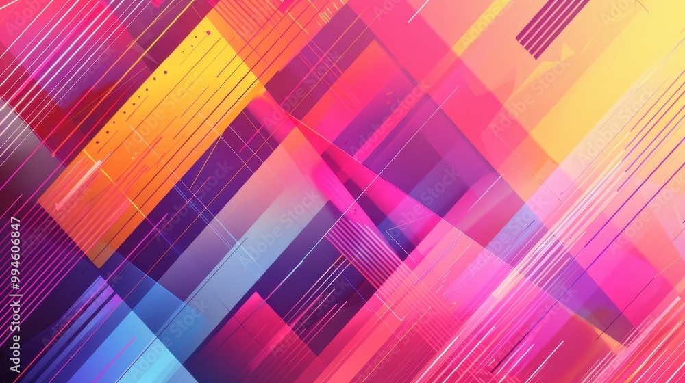 Poster bold geometric lines in vibrant colors, forming dynamic patterns with sharp angles on a soft gradien