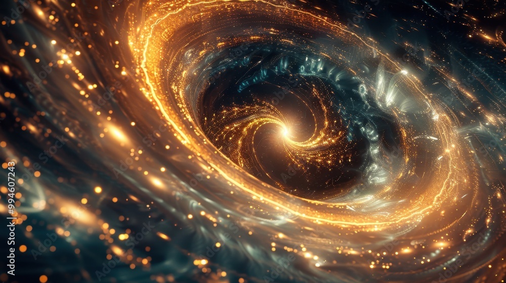 Poster bright glowing curves spiraling through space, creating dynamic patterns against a backdrop of dista
