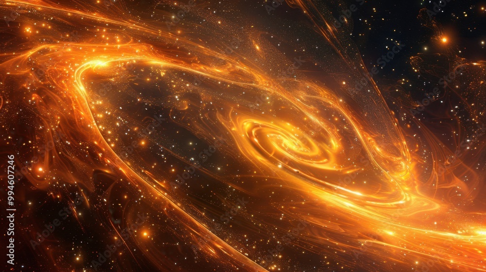 Poster bright glowing curves spiraling through space, creating dynamic patterns against a backdrop of dista