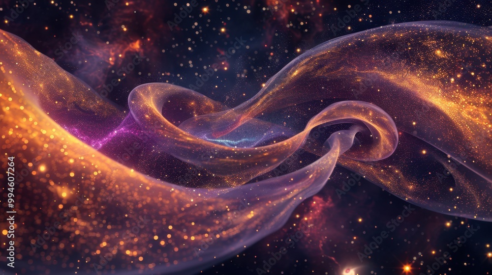 Poster bright glowing curves spiraling through space, creating dynamic patterns against a backdrop of dista
