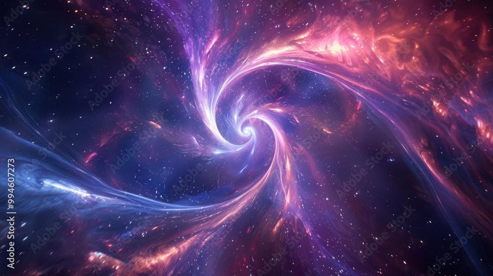 Poster bright glowing curves spiraling through space, creating dynamic patterns against a backdrop of dista