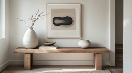 Scandinavian-style entryway with a custom wood console table, minimalist art pieces, and a statement ceramic vase