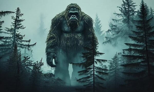 A towering, mythical creature stands amidst a misty forest.