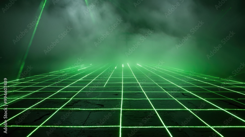 Poster bright green laser beams forming a grid pattern on a dark, foggy background, adding depth to the vis
