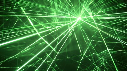 Obraz premium Bright green laser beams creating sharp, angular patterns on a black backdrop, glowing vividly in a high-energy visual