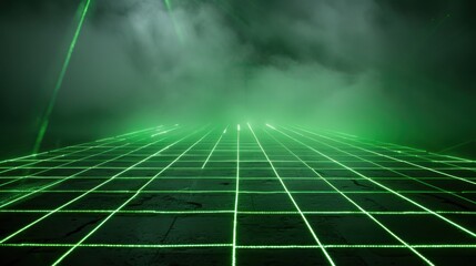 Obraz premium Bright green laser beams forming a grid pattern on a dark, foggy background, adding depth to the visual