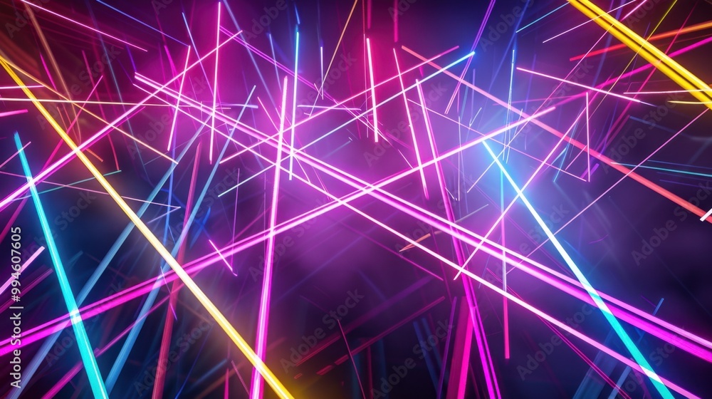 Poster bright laser beams forming sharp, angular patterns on a dark backdrop, glowing vividly in neon color