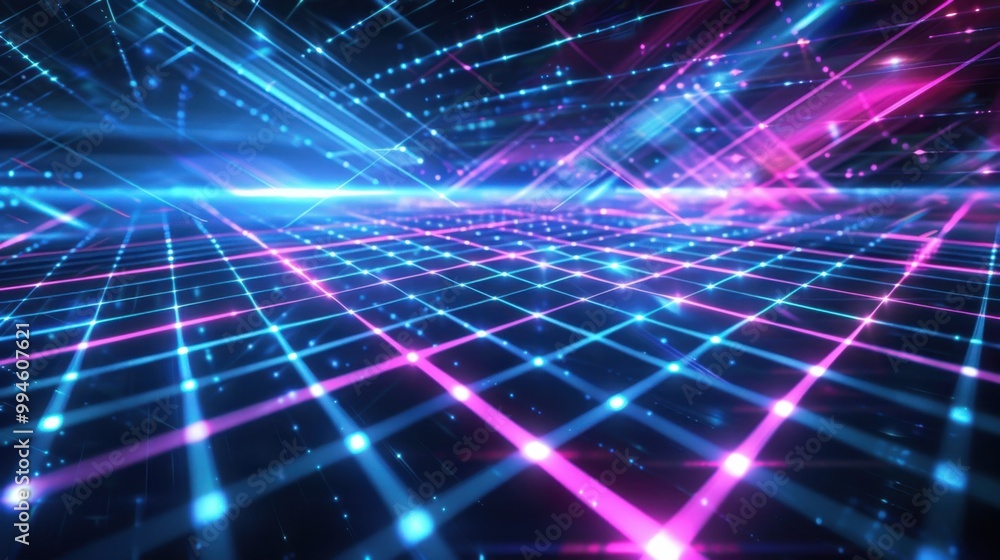 Poster bright laser light lines forming a futuristic grid pattern on a black background, creating a tech-in