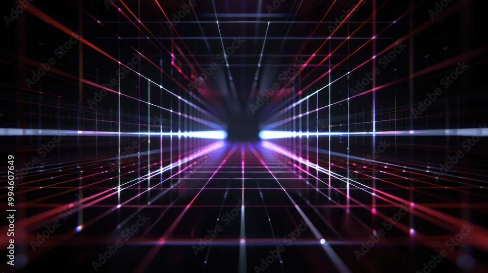 Poster bright laser light lines forming a futuristic grid pattern on a black background, creating a tech-in