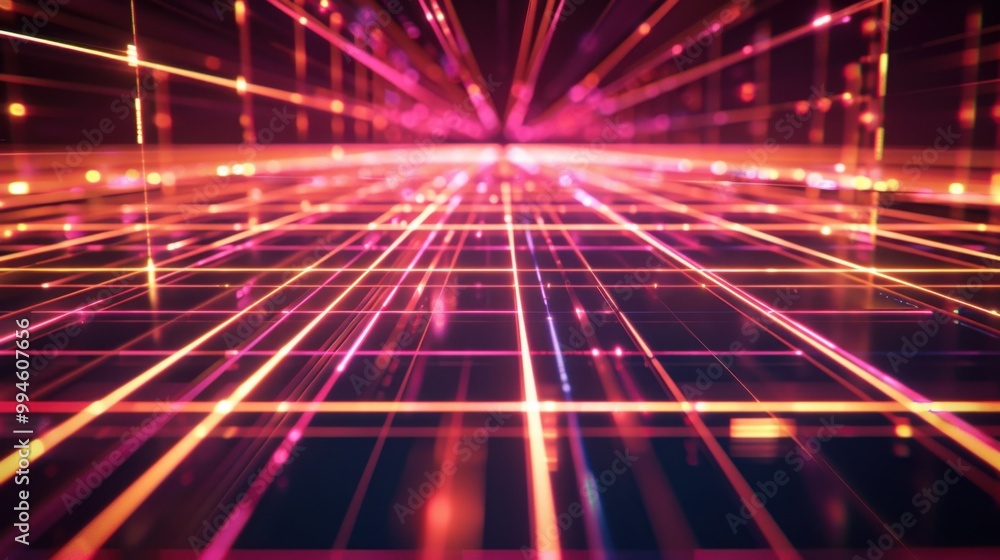 Poster bright laser light lines forming a futuristic grid pattern on a black background, creating a tech-in
