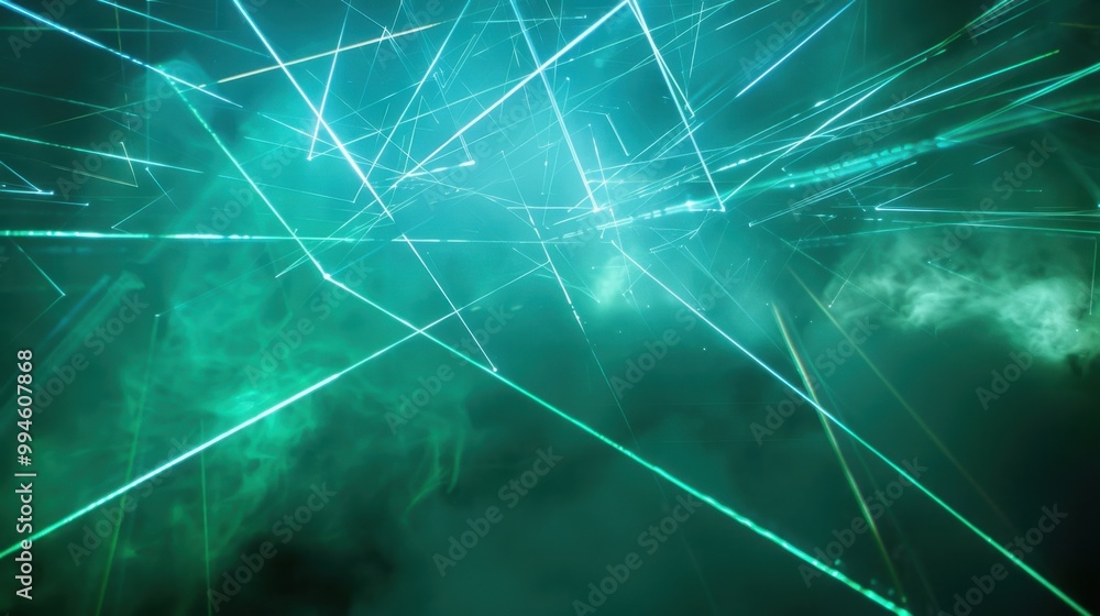 Poster bright laser lines in green and blue, forming dynamic patterns on a dark, foggy backdrop, adding dep
