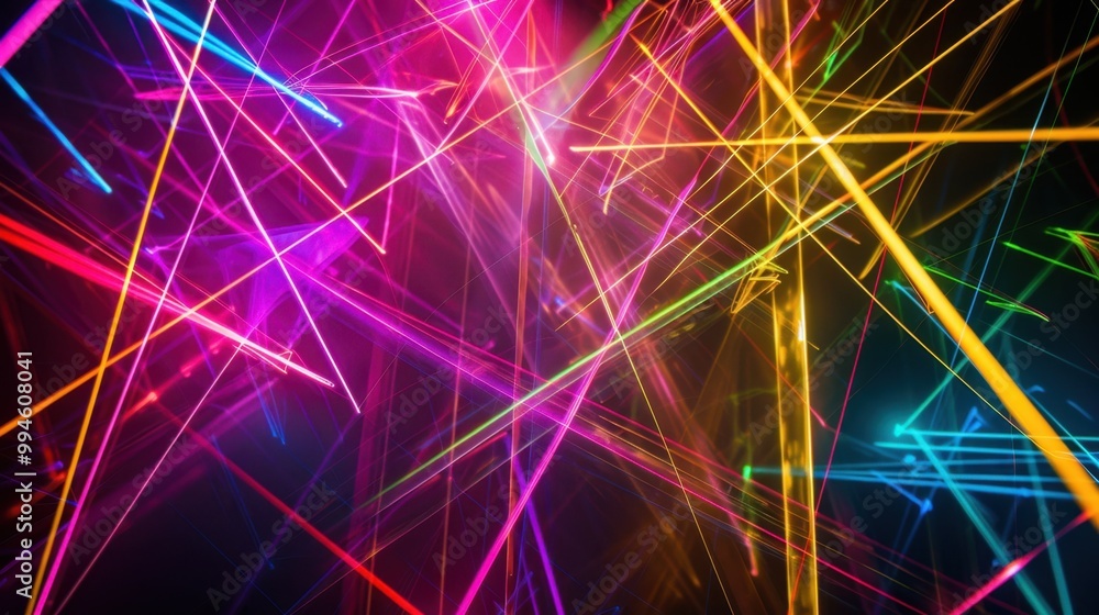 Poster bright laser lines in various colors forming a web of light on a black backdrop, creating a dynamic 