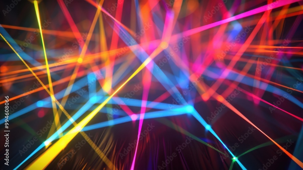 Poster bright laser lines in various colors forming a web of light on a black backdrop, creating a dynamic 