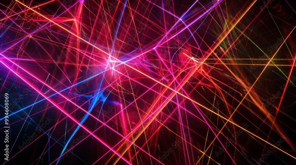 Poster bright laser lines in various colors forming a web of light on a black backdrop, creating a dynamic 