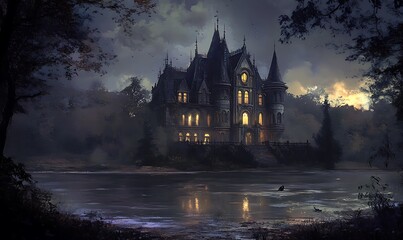 Obraz premium Mysterious Haunted Mansion on a Dark Night by the Lake