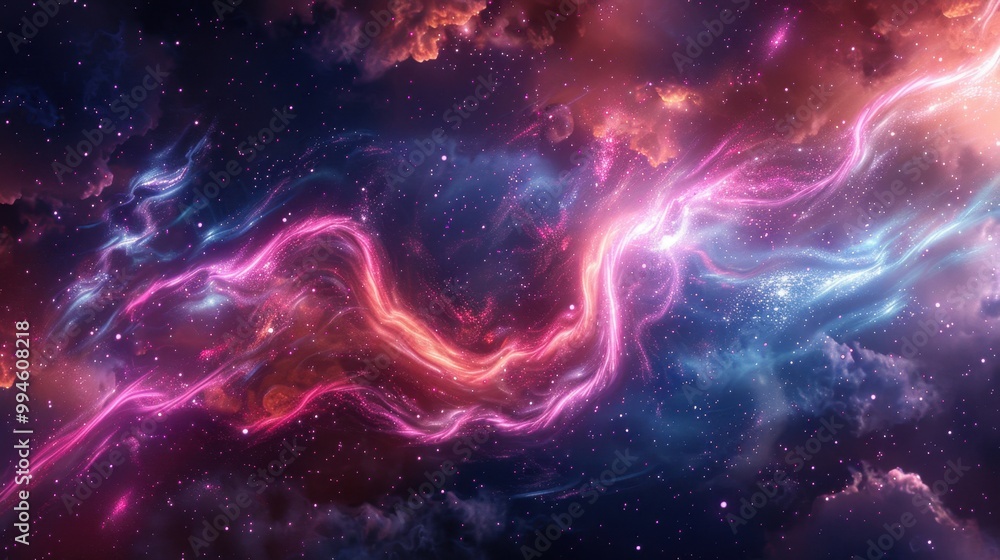 Poster bright neon curves of light twisting and turning in the darkness of space, with a backdrop of cosmic