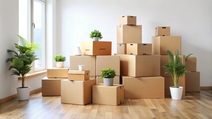Many cardboard boxes and plants standing on hardwood floor in bright empty room with sunlight from window
