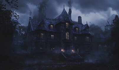 Fototapeta premium Spooky Haunted House in Foggy Night with Dark Windows and Chimney Smoke