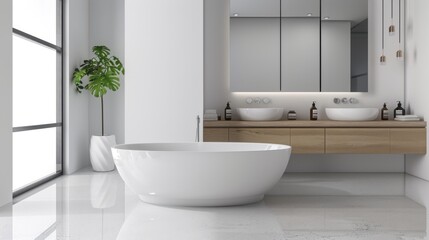 Fototapeta premium Contemporary bathroom design with a white background, featuring sleek fixtures and clean lines