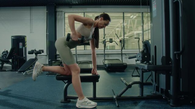 Young fit woman in sportswear doing dumbbell bent-over rows on bench while exercising in modern gym