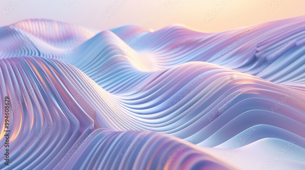 Poster curved geometric lines creating dynamic wave patterns on a soft gradient background, conveying a sen