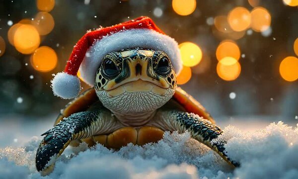 A turtle wearing a Santa hat in a snowy setting with festive lights.