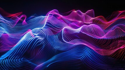 Obraz premium Curved laser light lines in neon hues, forming wave-like patterns on a deep black backdrop, evoking a sense of movement