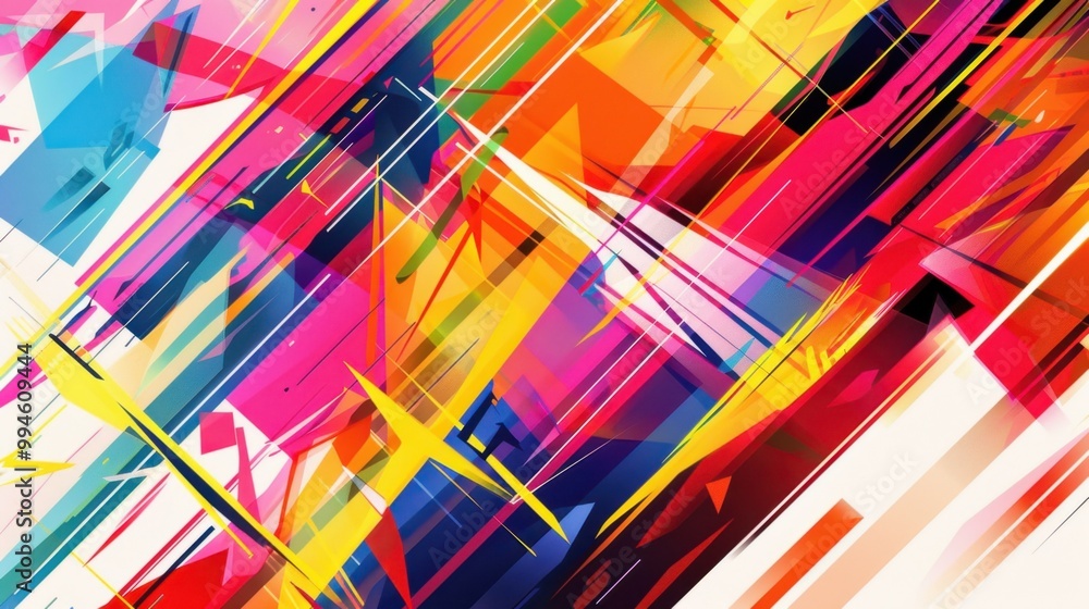 Poster geometric lines in vibrant colors, forming dynamic patterns with sharp angles on a white background,