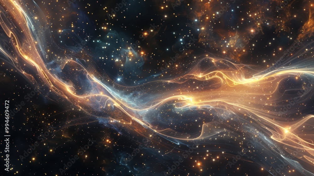 Poster glowing light curves weaving through a dark, star-filled space, creating an otherworldly and mystica