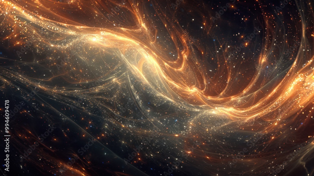 Poster glowing light curves weaving through a dark, star-filled space, creating an otherworldly and mystica