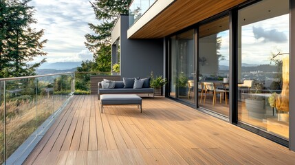 Scandinavian-style terrace with minimalist wooden decking, sleek outdoor furniture, and a frameless glass railing offering unobstructed views