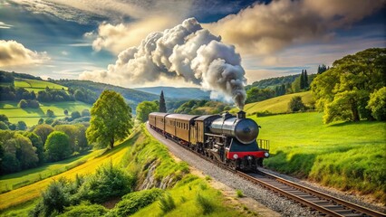 Vintage Steam Train Chugging Through Lush Green Countryside on a Bright Sunny Day in Summer