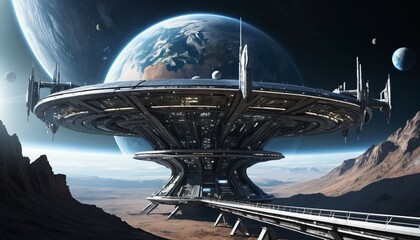 Fototapeta premium Futuristic Space Station Overlooking Earth for Sci-Fi Themes, Ai generated Images