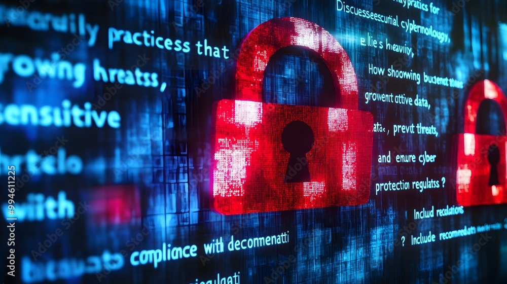 Poster a red padlock digitally displayed on a blue and black screen with code.