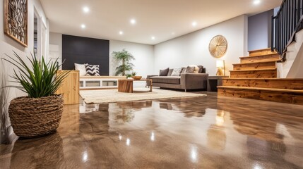 Scandinavian basement remodel with polished concrete flooring, light wooden accents, and modern minimalist furniture
