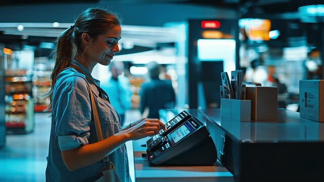 Cashier scanning goods at supermarket checkout