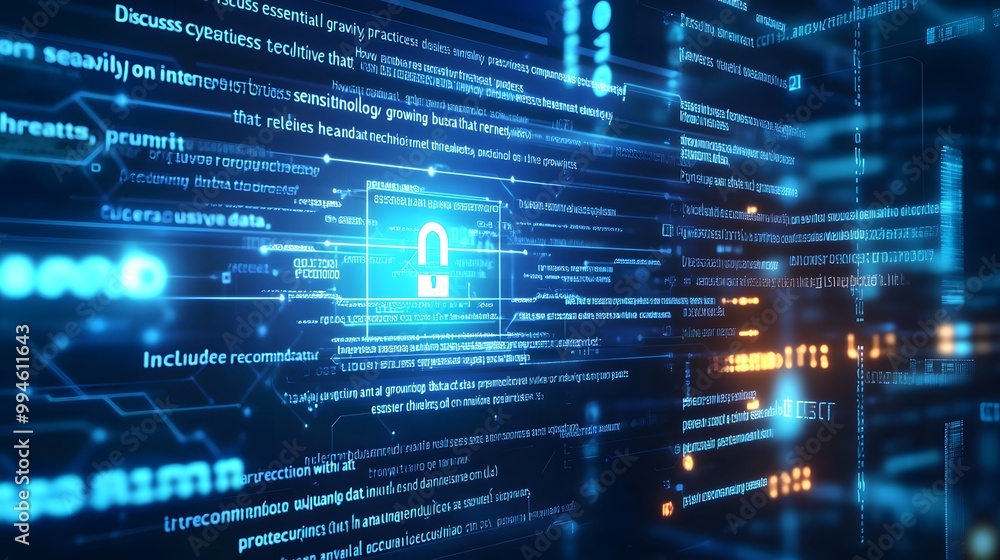 Poster digital security lock icon on abstract blue tech background