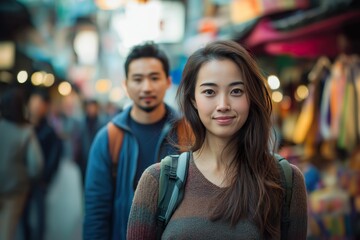 A young Asian woman in a sweater walks through a bustling street market with vibrant stalls and a man nearby in the background during the early evening