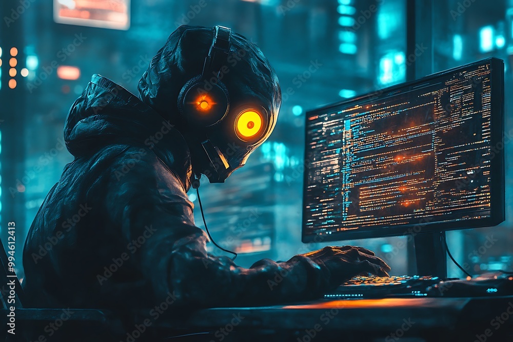 Poster futuristic cyborg hacker working on computer with glowing orange eyes, neon lights background