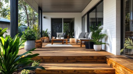 Scandinavian front porch with wooden decking, minimalist furniture, and potted plants for a natural touch