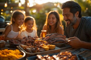 A family enjoys a delightful barbecue feast at a Texas joint, savoring delicious flavors together in the warm evening sunlight
