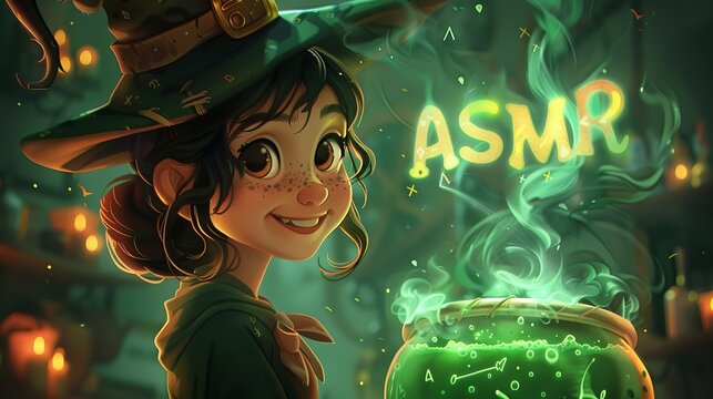Young witch brews witchcraft potion. Above the cauldron is inscription ASMR. Halloween and ASMR concept