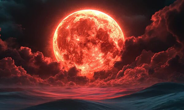 A vibrant red moon illuminates a stormy ocean landscape.
