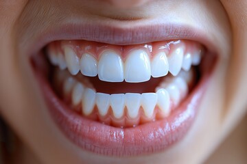 Obraz premium A close-up of a smiling person showcasing bright, healthy teeth during a sunny day, radiating joy and confidence in a natural setting