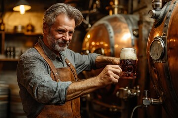 Pouring traditional beer in a historic Bamberg brewery by a skilled brewer in an atmospheric setting