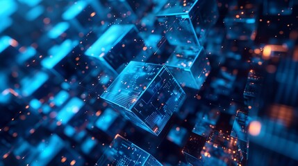 Obraz premium A digital artwork showcasing glowing blue cubes with intricate circuit-like patterns inside, representing data or energy