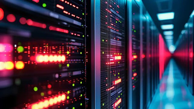 Data center server racks with glowing lights, showcasing high-performance computing, cloud storage, and advanced digital technology infrastructure.

