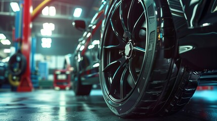 Fototapeta premium A close-up of a car wheel inside a brightly lit auto service station