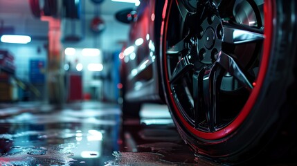 Fototapeta premium A close-up of a sleek black car wheel with a red accent inside an auto service station